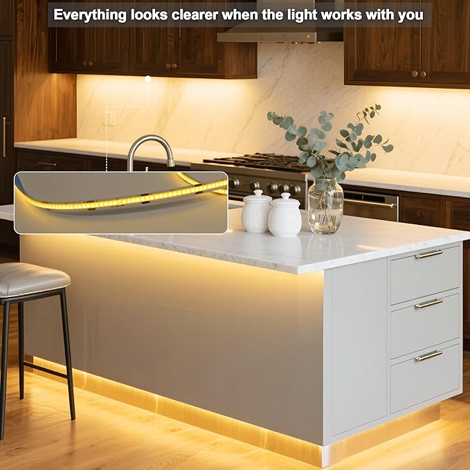 24V Dimmable COB LED Light Strip, 16.4FT Warm White 3000K, High Brightness led Strip Lights, with RF Remote Control and UL Power Supply, Suitable for Bedroom, Kitchen, and DIY Home Decoration