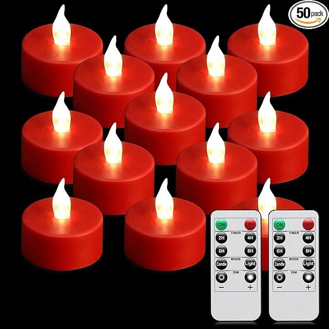 LED Tea Light Flameless Candles with Remote Control Flickering Tealight Long Lasting, Battery Operated with Timer for Halloween Home Decoration Seasonal &Festival Celebration Red (50pcs)