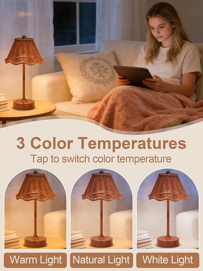 Cordless Table Lamp,Rechargeable LED Desk Lamp,Small Bedside Lamp with 3 Color Touch Control,Vintage Boho Lamp,Dimmable Night Light for Living Room Bedroom Office Dorm Decor