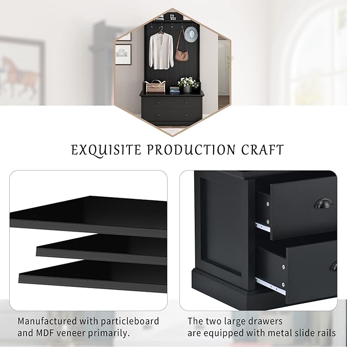 Retro 38.5" Wide Hallway Hall Tree with Coat Rack and 2 Large Drawers,Bench,5 Metal Hooks and Metal Handles,For Entrance Furniture Use Black#c