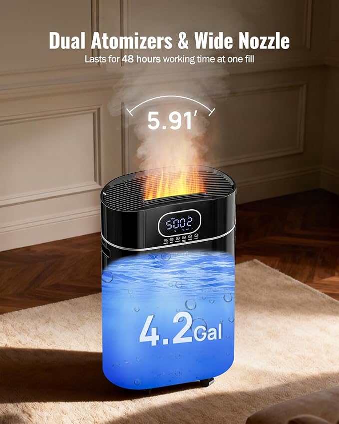 4.2Gal/16L Cool and Warm Mist Humidifier Large Room, Auto Restart Humidifiers for Home 1500 sqft, Air Humidifiers for Bedroom with Diffuser & Flame Light, Whole House Humidifiers for Baby Plant, Black