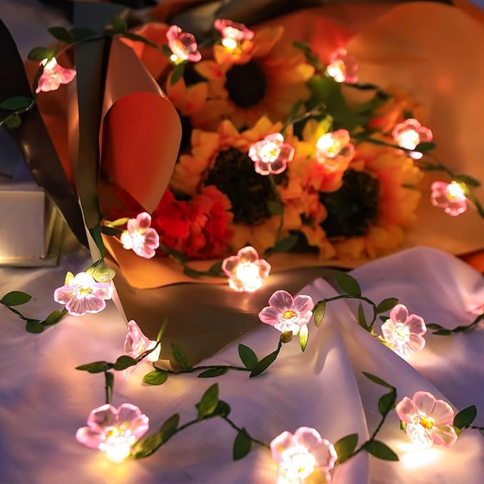 Fairy Flower Leaf String Lights, USB Plug in 16.5ft 50 LED Decorative Pink Cherry Blossom Vine for Girl's Bed Room Window Wall Wedding Birthday Party Christmas Hanging Indoor Decorations