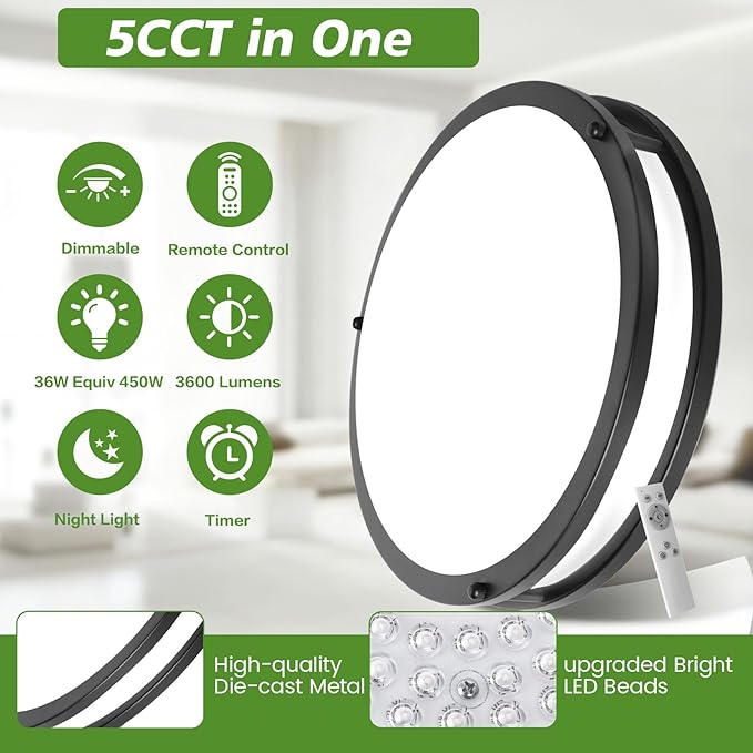 13Inch Flush Mount LED Ceiling Light Fixture with Remote: 36W 3600lm Dimmable Modern LED Ceiling Lights, 2700K/3000K/4000K/5000K/6500K Adjustable Black Kitchen Lighting for Bathroom Hallway, 1-Pack