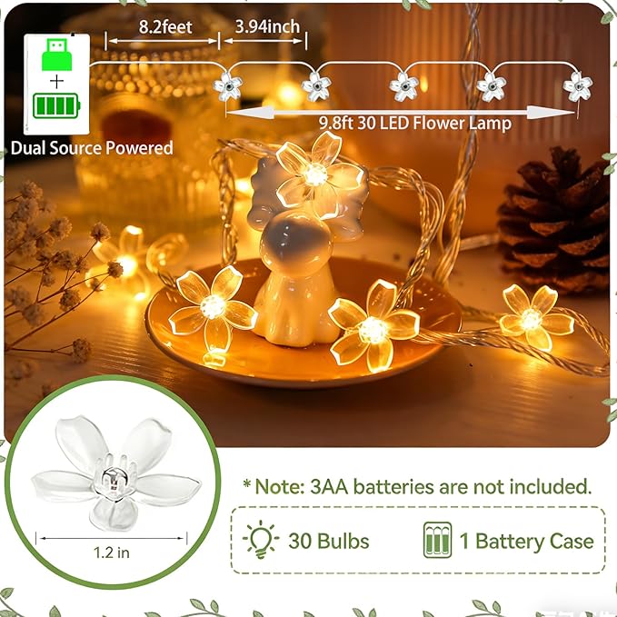 Decorative Flower String Lights for Bedroom, Battery Operated & USB Plug in 10 FT 30 LED Cute Fairy Cherry Blossom Floral Lamps Indoor Outdoor Christmas Holiday Hanging Vine Decorations (Warm White)