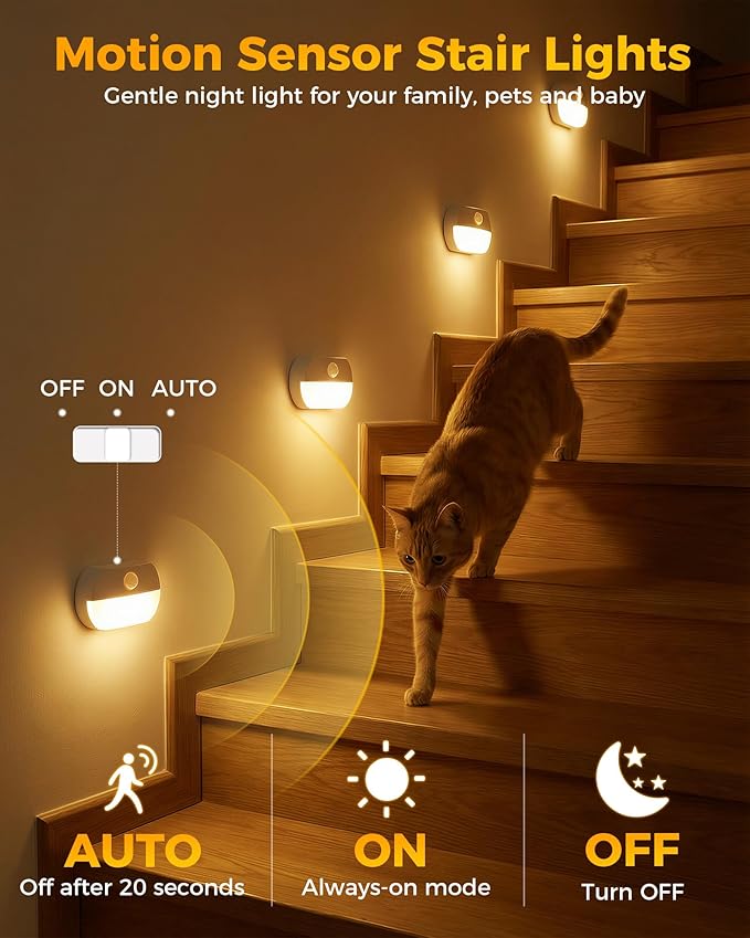 12 Pack Rechargeable Motion Sensor Stair Lights, Indoor Hallway Light, Portable Wireless Stick On Night Light, Battery Operated LED Lights for Staircase Closet Cabinet Toilet