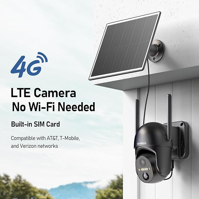 SEHMUA 4G LTE Cellular Solar Security Camera Wireless Outdoor, No WiFi Solar Powered Camera, 360° Live View, 2K Color Night Vision, PIR Motion Sensor, 2 Way Talk, Built in SIM Card