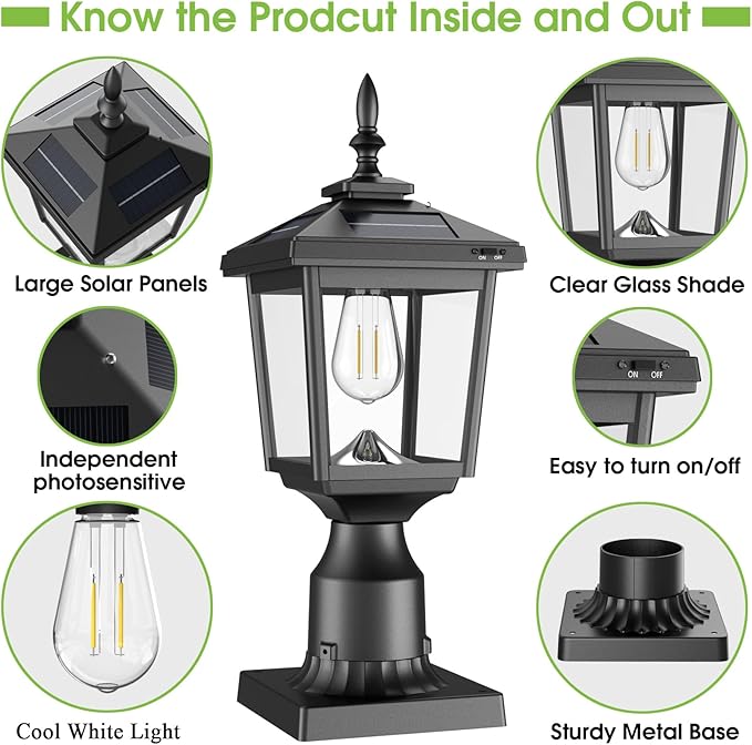 Greluna Solar Post Light Outdoor, 60 Lumens Dusk to Dawn Lamp Post Light, Solar Powered & Waterproof, Fits 6x6 Wooden Posts, 3 Inch Poles, for Garden, Pathway, Driveway, Fence & Yard（Cool White）