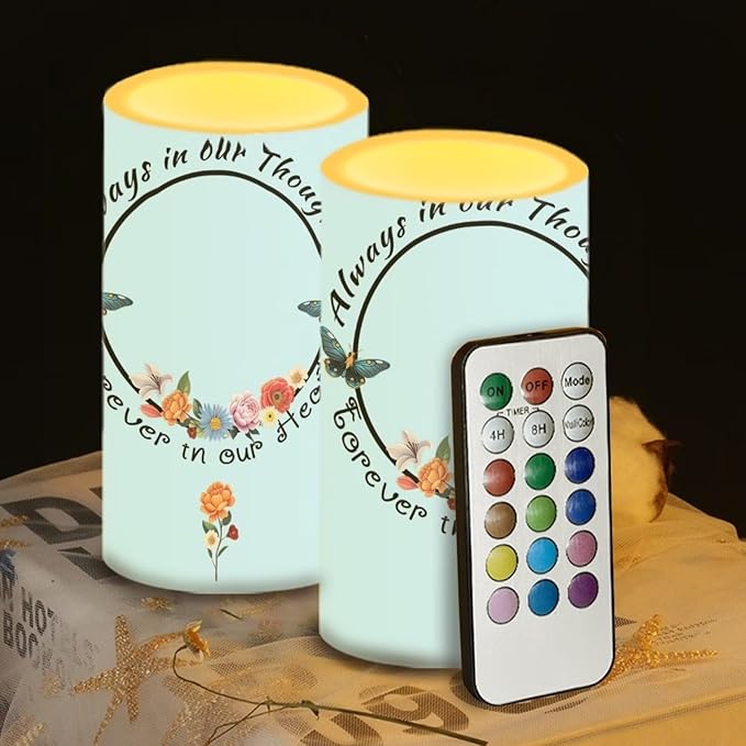 Personalized LED Memorial Candle for Loss of Loved One 2 Pack 6 x 3 inch Flameless Candles Blue Battery Operated Candles with Multicolor Timer Remote Control Flameless LED Fake Candles