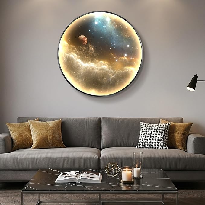 Troartos LED Galaxy Space Wall Art for Living Room, Large Modern Lighted Planet Artwork for Walls, Minimalist Dimmable Nebula Lighted Wall Decor for Hallway, Dining Room, Bedroom, Office, 30x30 Inch