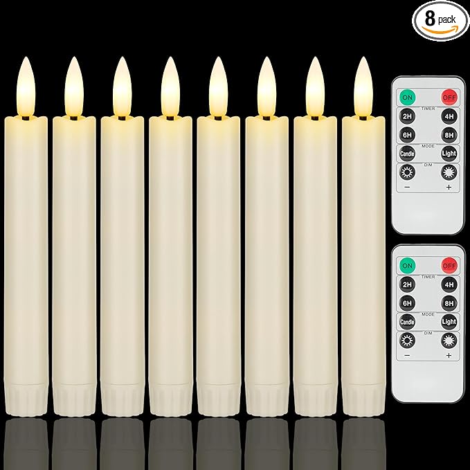 6.4 Inch Flameless Taper Candles with Remote Timer, Short Flickering Battery Operated Candles, Ivory Decorative Led Flameless Candlesticks for Weeding Home Party Festival, 8 Pack