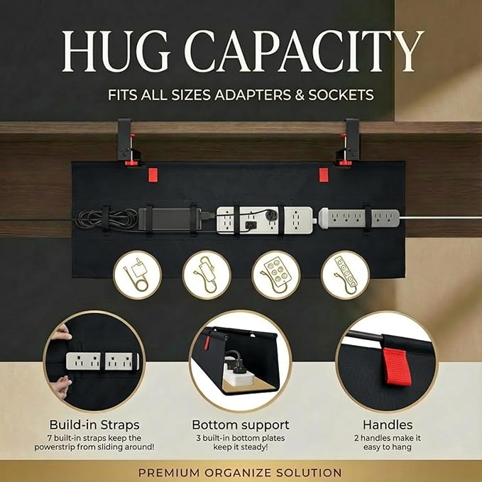 [Upgraded] Under Desk Cable Management, 48" Cord Organizer, with Silicone Pads (No Scratch!), 16 Cable Ties, Washable PE Honeycomb Base,Fits Any Desk 0-2.1", No Stinky Cardboard!Black 48"L x 6"W