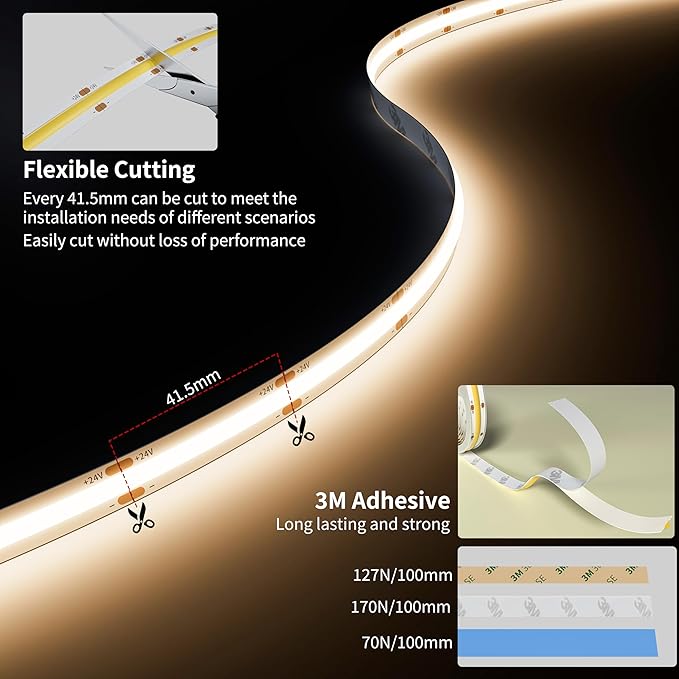 PAUTIX COB LED Strip Light 3780LEDs 24ft/7.5m Natural White 4000K,CRI90+ Super Bright High Lumen,Lead-Free Material 24V Flexible LED Tape,for Home&Office DIY Lighting Project(Adapter Not Included)