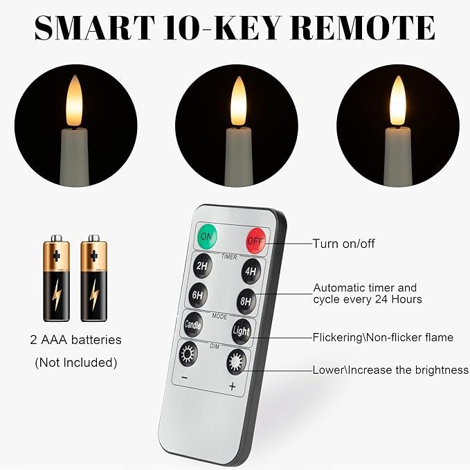 Flameless Taper Candles with 3D Wick, 9.6" Real Wax LED Candles with Remote and Timer, 3 Pack Flickering Candlesticks Battery Operated, Classic Tall Taper Candles for Home, Wedding, Party, White