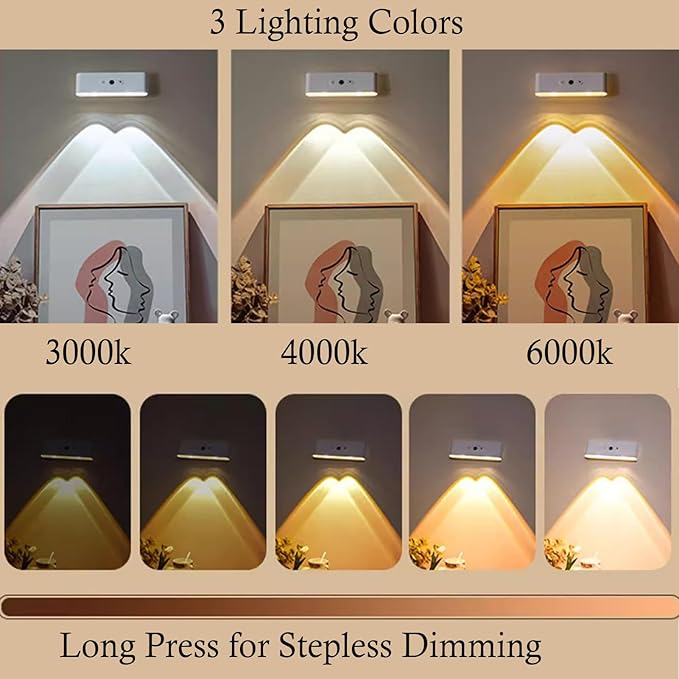 LED Wall Sconce with Auto Motion Sensor, 3600 mAH Rechargeable USB 3 Color Temperatures, 360° Rotate Magnetic Ball LED Wall Mounted Lamp for Reading Bedside