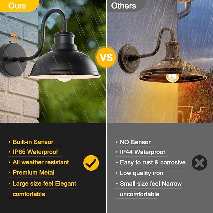 Dusk to Dawn Outdoor Wall Sconces, Exterior Farmhouse Gooseneck Barn Light, Vintage Matte Black Outside Wall Mount Light Fixture, Anti-Rust Waterproof Outdoor Light for Porch Garage