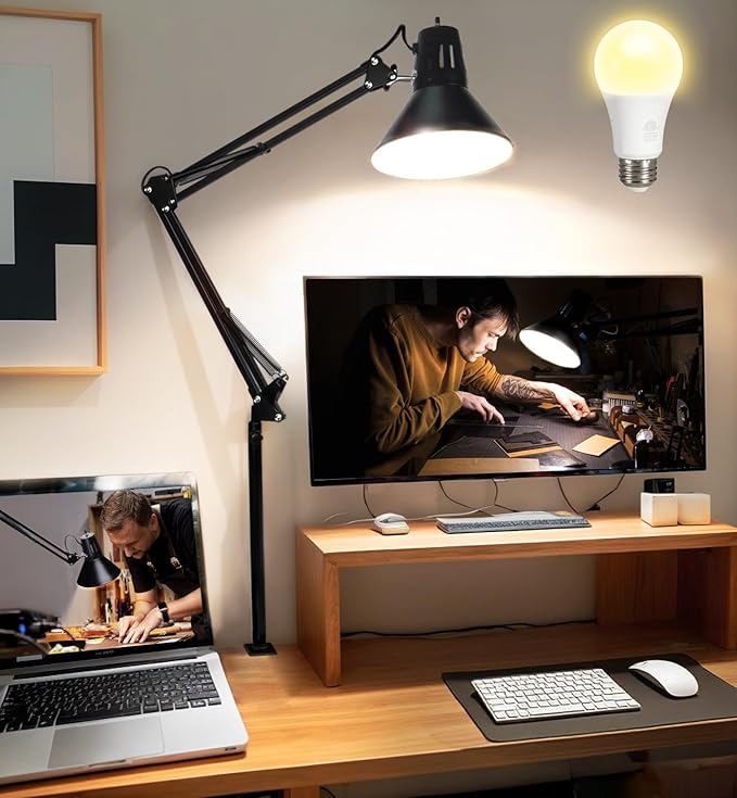 LED Desk Lamp With Clamp for Home Office, Eye-Caring Clip on Light with Adjustable Extra Tall Metal Swing Arm, High Intensity Clamp w/A19 E26 Bulb for Working Reading, 3000k Table Lamps Warm Light