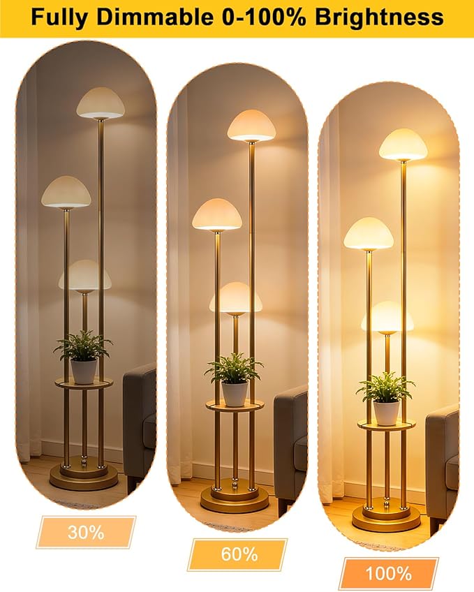 Lightdot Gold Dimmable Floor Lamp with Table, Modern Floor Lamps with Mushroom Shades & Bulbs, 3000K Warm Lights Tall Standing Lamp for Living Room/Bedroom/Office/Sofa Beside/Corner Decor