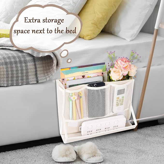 Bedside Caddy Bedside Storage Organizer Bedside Organizer with Power Strip Holder and 2 Adjustable Straps for Home Bunk Bed College Dorm Sofa (White)
