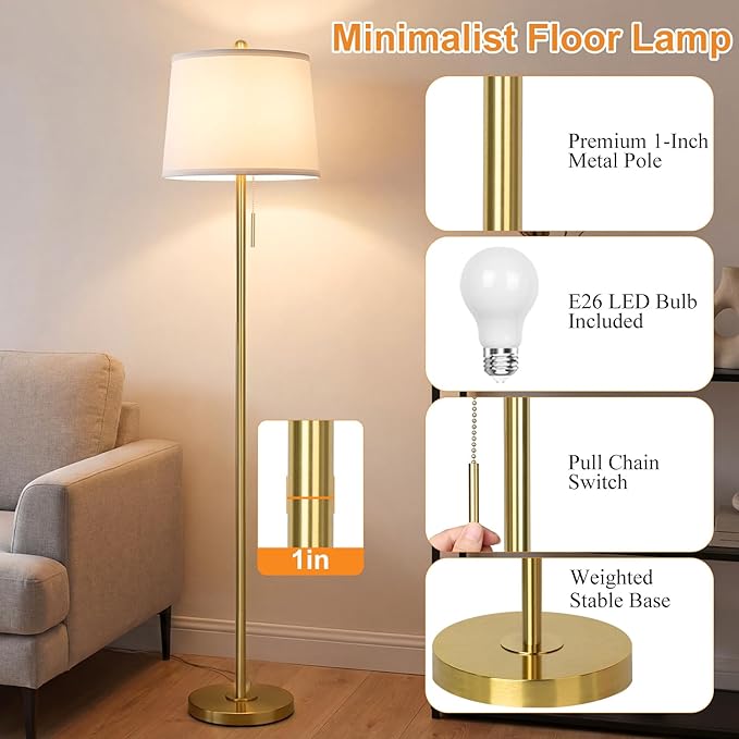 Gold Floor Lamps for Living Room, 63in Modern Standing Lamp 3 Way Brightness Dimmable with White Linen Shade Metal Base Tall Pole Light for Bedroom Reading Office Corner Nursery 8W LED Bulb Included