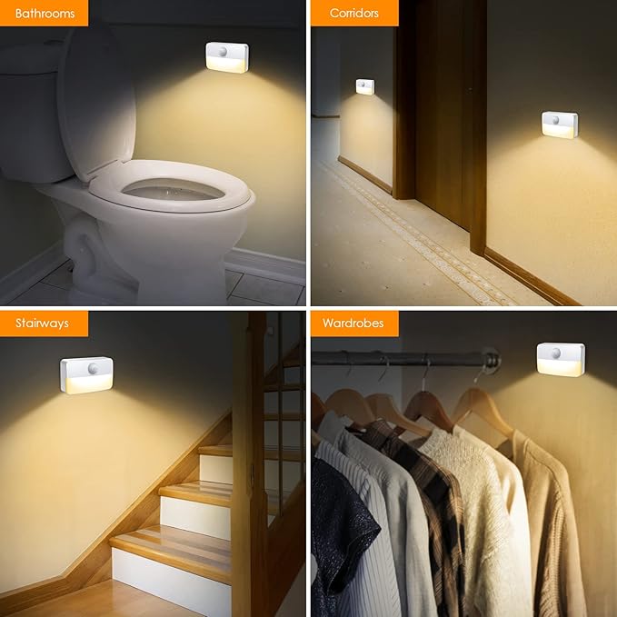 【2 Pack】Motion Sensor Night Light, Stick-On Motion Sensor Lights Indoor, Battery Powered Under Cabinet Kitchen Lights with Adhesive Pads, Auto/On/Off for Cupboard Wardrobe Stair Kitchen- Warm White