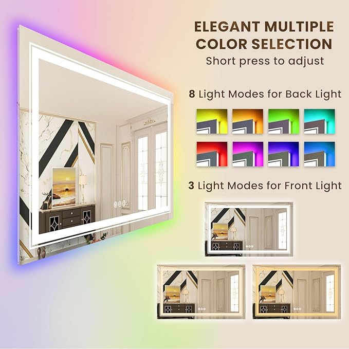 WTTY LED Bathroom Mirror 40"x32" with RGB Backlit and Front Light,Stepless Dimmable LED Mirror for Bathroom,Lighted Bathroom Vanity Mirror,Anti-Fog,Memory Function,Shatter-Proof,Wall Mounted