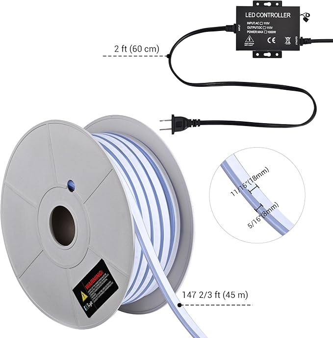 DELight AC 110-120V Waterproof IP65 Window Display RGB 150ft Double-Side Neon Rope Lights with Remote Control & APP Music Sync Dimmable Cuttable Flexible LED Strip Lights Outdoor DEL-D150R
