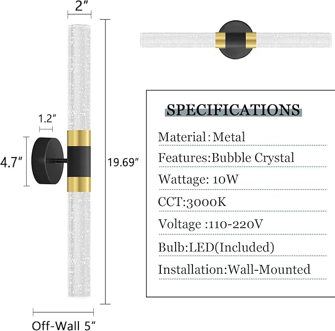 Crystal LED Wall Sconces Wall Light Modern Glam Crystal Vanity Lighting Fixtures for Hallway Dining Living Bedroom Living Room with 2700K Warm Light Bulbs