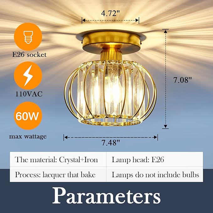 YYJLX Crystal Semi Flush Mount Ceiling Light Fixture E26 Mini Antique Gold Chandelier Small Ceiling Lamp for Entryway Bedroom Bathroom Hallway Closet Foyer