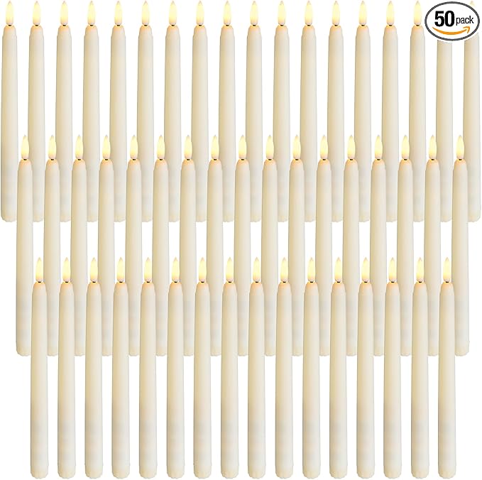Baquler 50 Pcs Flameless Ivory Taper Candles Bulk Flickering LED Candles Taper Warm White Light LED Candlesticks for Christmas Wedding Home Decoration No Remote Control, 9.6 Inch