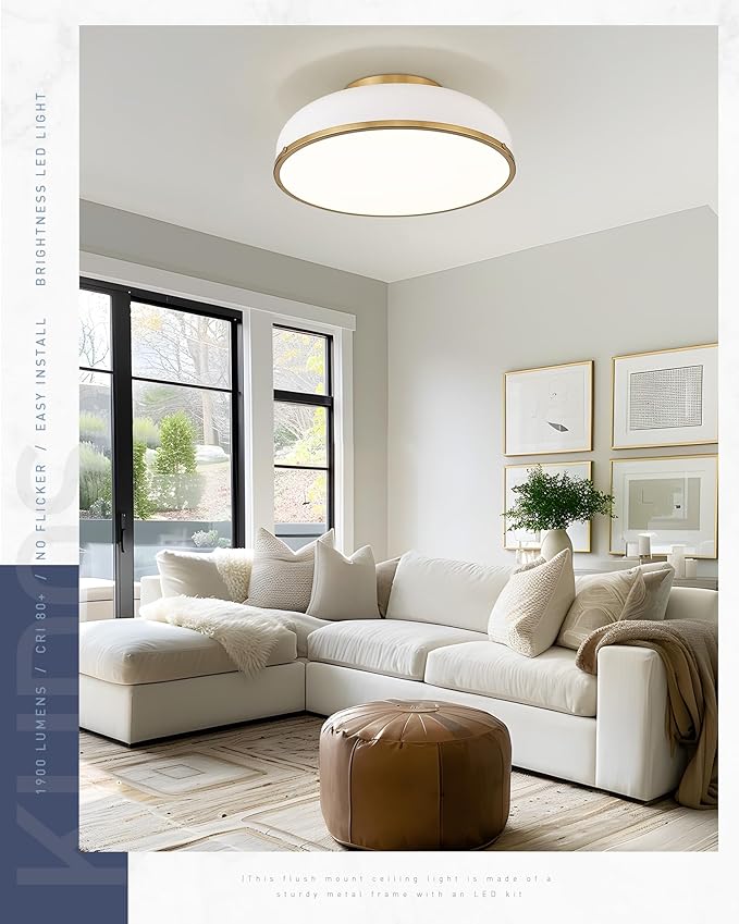 kudos Ceiling Light, 16-inch LED Flush Mount Ceiling Light, White and Gold Finish, 30W/1900lm Light Fixtures Ceiling Mount for Bedroom,Hallway, 3000K/3700K/4500K/5100K/6000K Adjustbale, KDCL15-WT-L