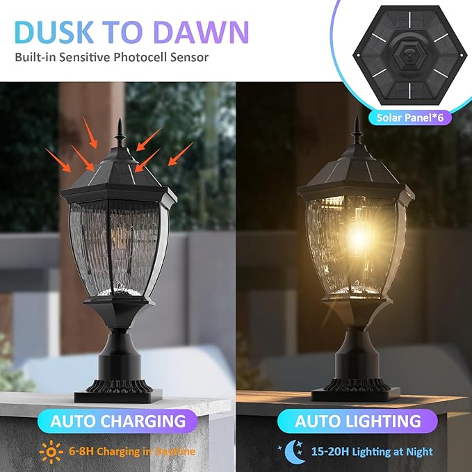 Solar Lamp Post Lights Outdoor Waterproof with Pier Mount Base, 20" H Large Aluminum Outside Solar Lights for Yard, Dusk to Dawn Outdoor Column Lights for Garden, Pathway, Patio(1 Pack)