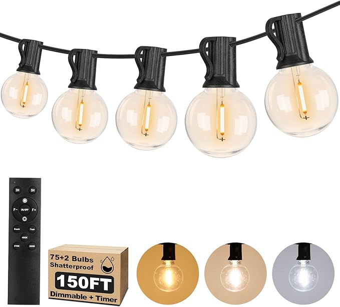 150FT LED Outdoor String Lights with 3 Color Lights, Dimmable String Lights for Outside with Remote, G40 Globe Waterproof Patio Lights with 75+2 Shatterproof Bulbs for Party Backyard BBQ House Camping
