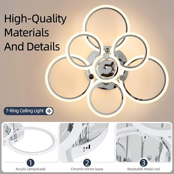 7-Ring Modern LED Flush Mount Ceiling Light - 31.8" Dimmable Close-to-Ceiling Fixture with Remote Control, 130W 3000K-6500K Adjustable Color Temperature for Bedroom, Living Room (Chrome)