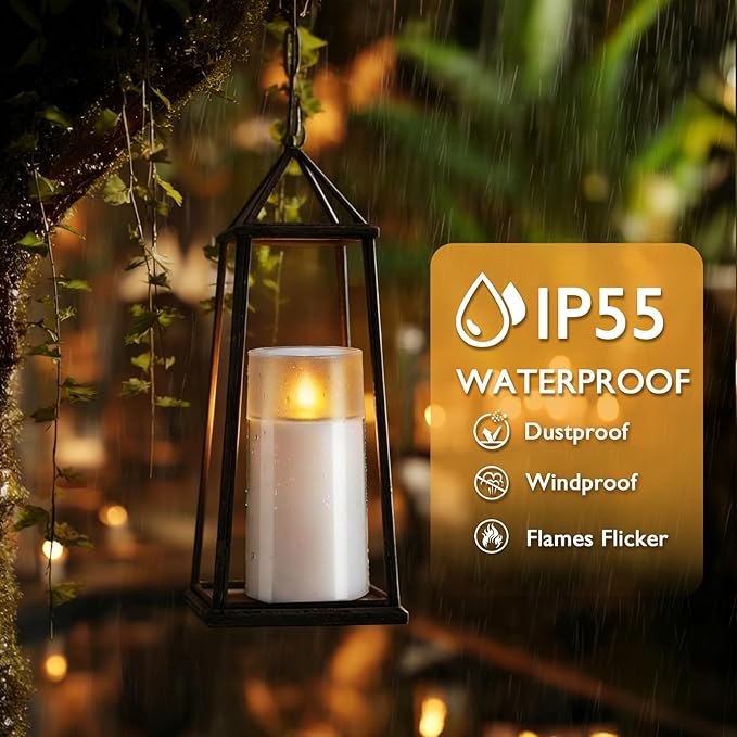 Homemory Solar Candles Outdoor Waterproof, Flickering Flameless LED Candles with Dusk to Dawn Sensor, 3"x6" Solar Powered Candles for Outdoor Lanterns Patio Garden Yard Christmas Decorations, 2 Pack