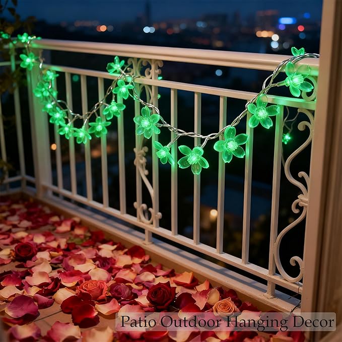 St. Patricks Day Flower String Lights, Decorative Green Cherry Blossom Floral Lamps Battery & USB Operated, 30 LED 10ft 8 Lighting Modes & Timer for Bedroom Classroom Christmas Party Decorations