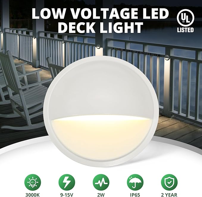 GKOLED Landscape Deck Lights, Low Voltage 12V AC/DC Outdoor Patio Lighting, LED 2W Step Light, 3000K, Die-Casting Aluminium with Classic White Powder Appearance, Complete Light UL-Listed, 6-Pack