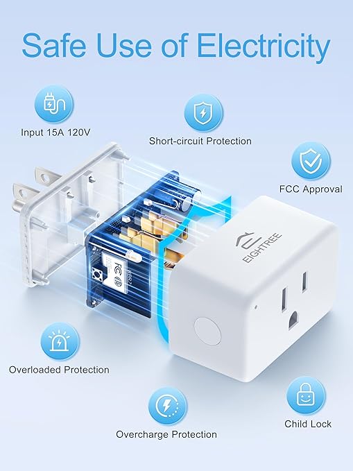 EIGHTREE Smart Plug 15A, Smart Plugs That Compatible with Alexa & Google Home & SmartThings, No Hub Required, WiFi Outlet with Remote Control, Timer & Schedule, 2.4GHz WiFi Only, 4 Packs