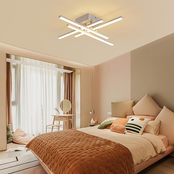 Modern Flush Mount LED Ceiling Light Fixture, Dimmable 24inch Ceiling Lights for Bedroom Living Room Kitchen, 4-Light White Ceiling Lamp LED Small Chandelier Ceiling Light with Remote, 2000lm