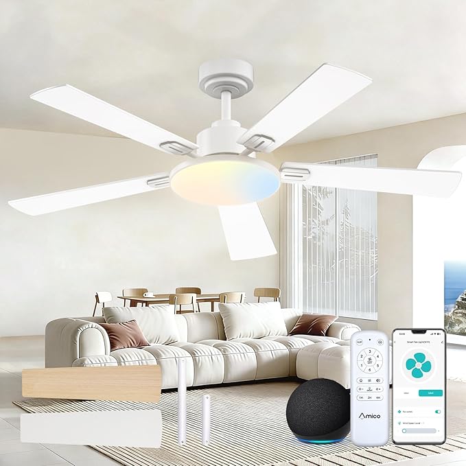 Amico Ceiling Fans with Lights, 52 inch Smart Ceiling Fan with Remote/APP/Alexa Control, Downrod Mount, Reversible DC Motor, 5 Blades, 6 Speeds, 3CCT, Dimmable, Noiseless, Bedroom, Living Room, White