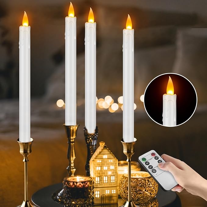 12 Pcs Flickering Flameless Taper Candles, 10" Fake Taper Candles Battery Operated with Timer, Long Lasting-White Electric Led Candlesticks for Xmas Halloween Wedding Home Décor