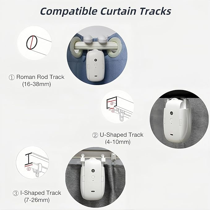 2PCS Automatic Curtain Opener, Smart Curtain Opener, Electric Curtain Opener and Closer with Remote Control for Roman Rod/I-Shaped/U-Shaped Curtain Tracks