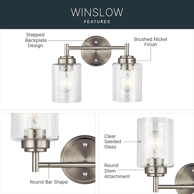 Kichler Winslow 12.75" Vanity Light in Brushed Nickel, 2-Light Transitional Bathroom Light with Clear Seeded Glass. (12.75" W x 9.25" H), 45885NI