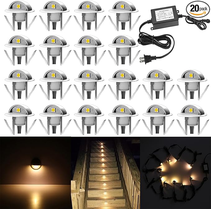 20 Pack LED Stair Lights Kit Low Voltage Landscape Lights Waterproof IP65 Outdoor 1-2/5" Recessed Wood LED Deck Lighting Yard Garden Patio Step Landscape Pathway Decor Lamps, Warm White