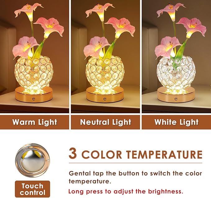 Pink Morning Glory Flowers Table Lamp, Rechargeable Cordless Touch Artificial Flower Crystal Lamp, Kitchen Bedroom Office Decor House Night Light, Birthday Gifts for Women Mom
