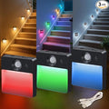 3 Pack Motion Sensor Stair Light for Indoor, Rechargeable Battery Operated Night Lights, RGBW Stick On Closet Lamp, Motion Activated Magnetic Lighting Lamps for Step, Cabinet,Hallway,Bathroom