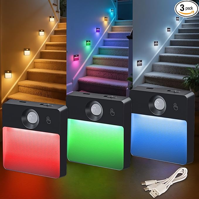 3 Pack Motion Sensor Stair Light for Indoor, Rechargeable Battery Operated Night Lights, RGBW Stick On Closet Lamp, Motion Activated Magnetic Lighting Lamps for Step, Cabinet,Hallway,Bathroom