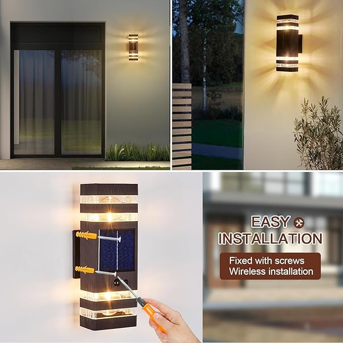Oil Rubbed Bronze Solar Outdoor Wall Lights with 3-Mode Motion Sensor Outside Sconces Up Down Solar Porch Light Fixtures 3000K 500LM Dusk to Dawn Modern Exterior Wall Lamp for House Garage Front Door
