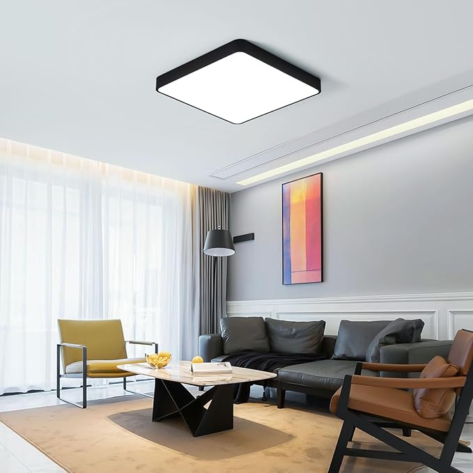 Ganeed 19.6 inch LED Ceiling Light, 39W Black LED Day White 6500K Square Flush Mount Ceiling Lamps, Energy Saving Light Fixture for Office Bedroom Kitchen Hallway Stairways
