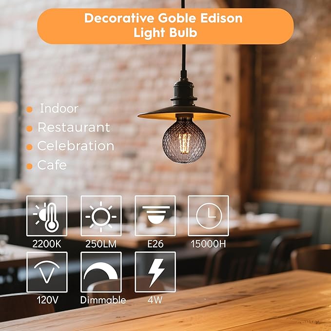 Vintage Edison LED Bulbs, Dimmable 4W Globe G125, 2200K Warm White Ambient Mood Lighting for Decoration, Squirrel Cage Filament, Smok Diamond Figure Glass LED Light Bulbs, E26 Base