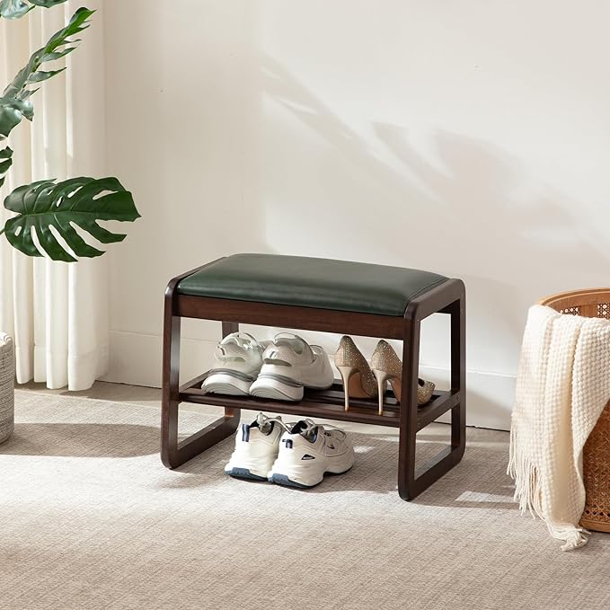 Small Shoe Rack Bench,2 Tier Wooden Entryway Bench with Shoe Storage, Shoe Rack with Cushion for Living Room, Hallway(Green, 21.6")